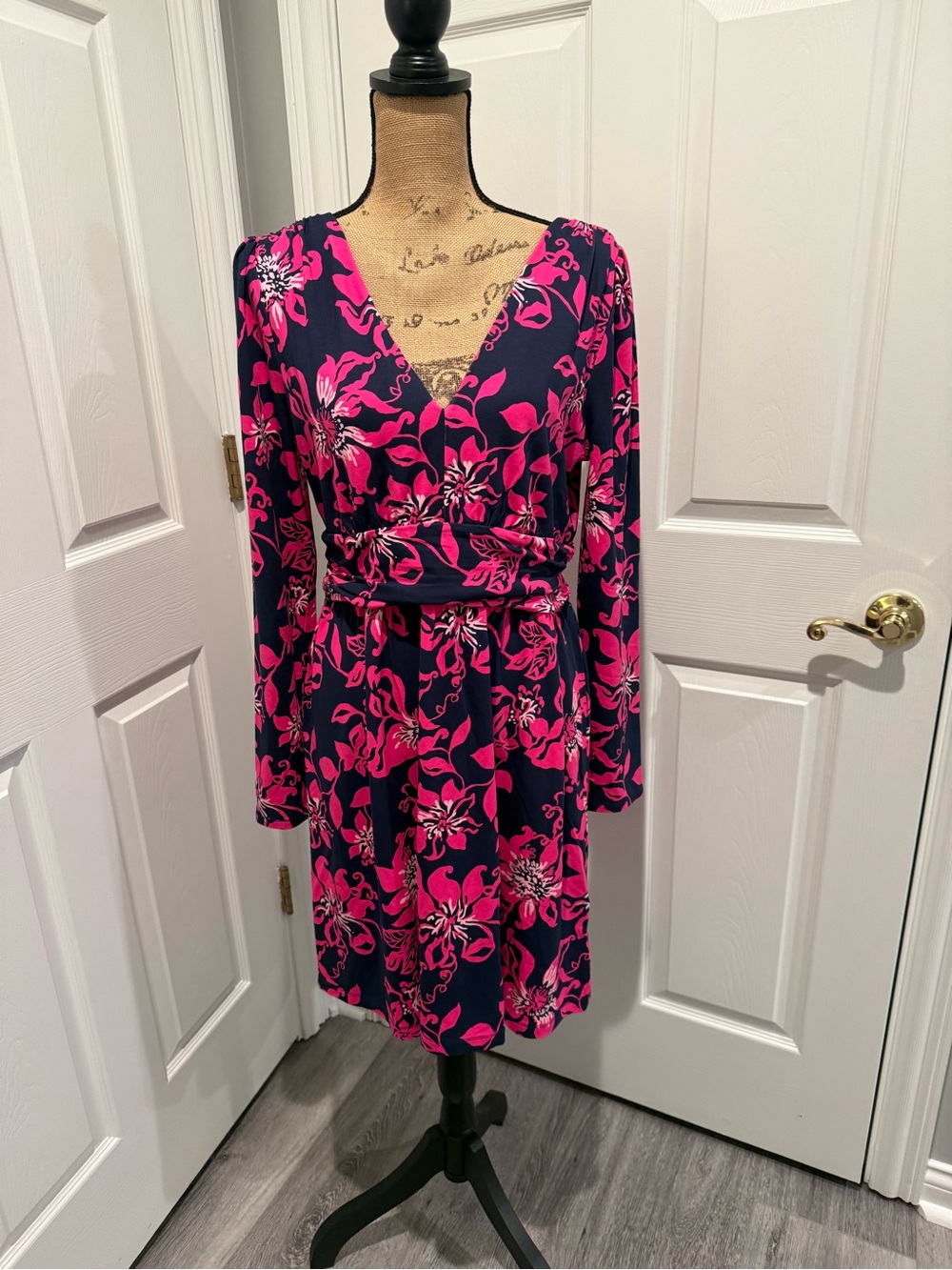 Lilly Pulitzer Navy and Hot Pink Floral Long Sleeve V-Neck Dress